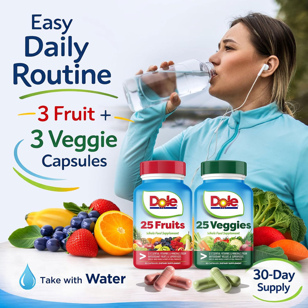 Dole Daily Fruits and Veggies Supplement - Whole Food Plant-Based Nutrition with 25 Fruits + 25 Vegetables, 12 Essential Vitamins & Minerals, Antioxidant Superfoods, 180 Capsules (2 Pack)