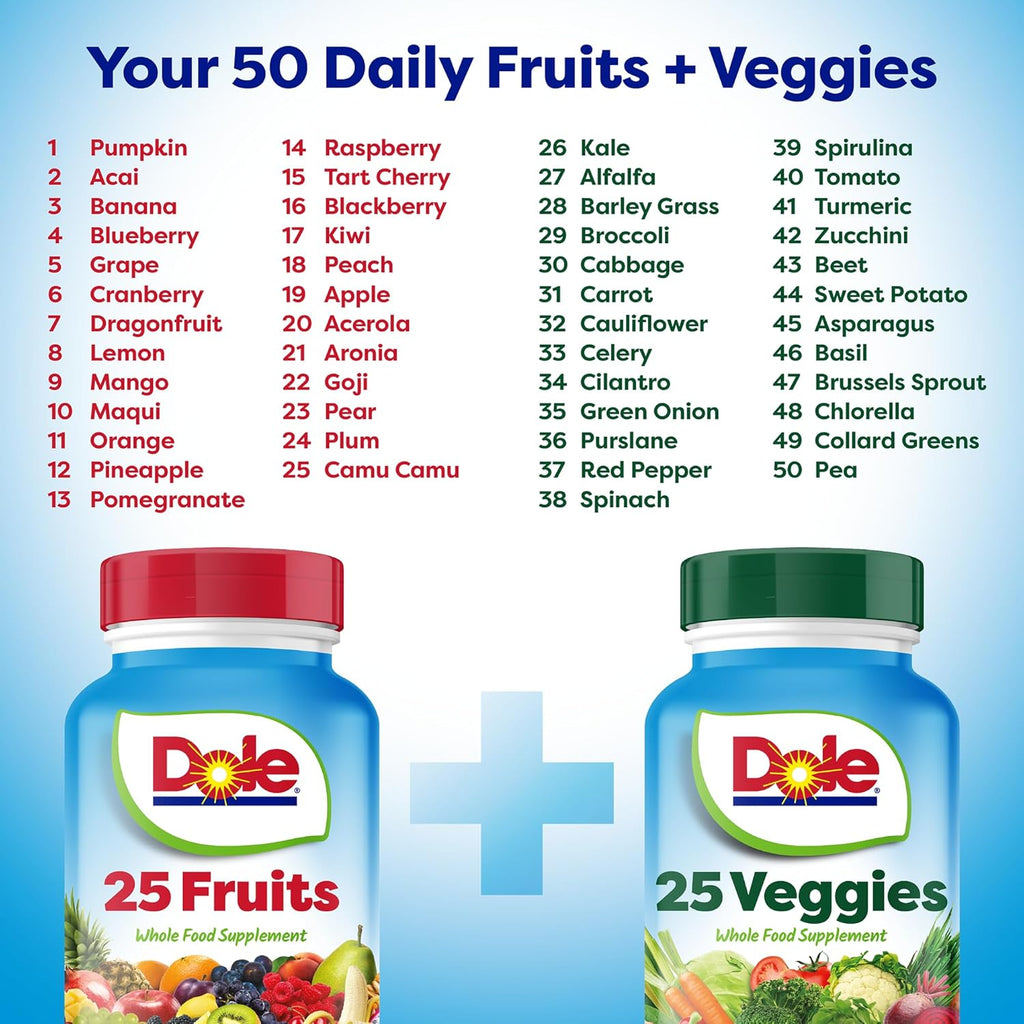 Dole Daily Fruits and Veggies Supplement - Whole Food Plant-Based Nutrition with 25 Fruits + 25 Vegetables, 12 Essential Vitamins & Minerals, Antioxidant Superfoods, 180 Capsules (2 Pack)