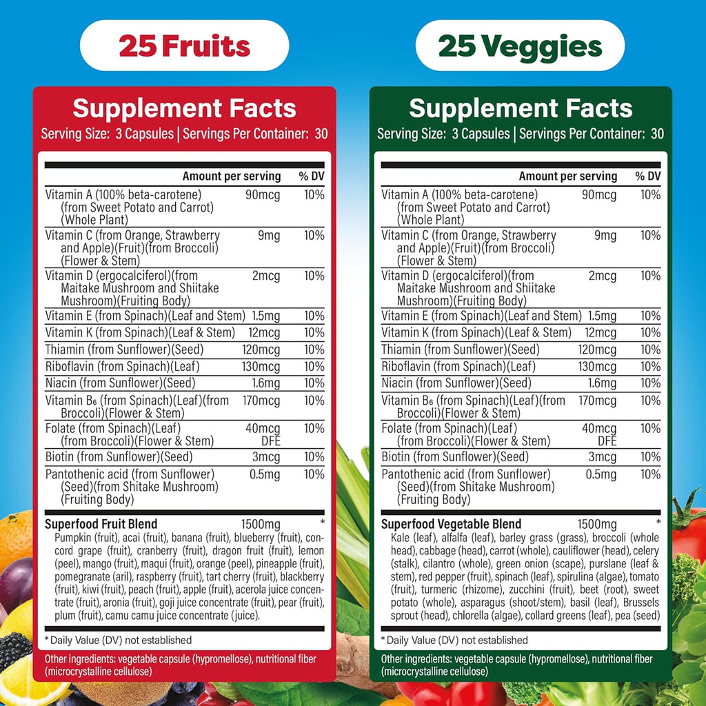 Dole Daily Fruits and Veggies Supplement - Whole Food Plant-Based Nutrition with 25 Fruits + 25 Vegetables, 12 Essential Vitamins & Minerals, Antioxidant Superfoods, 180 Capsules (2 Pack)