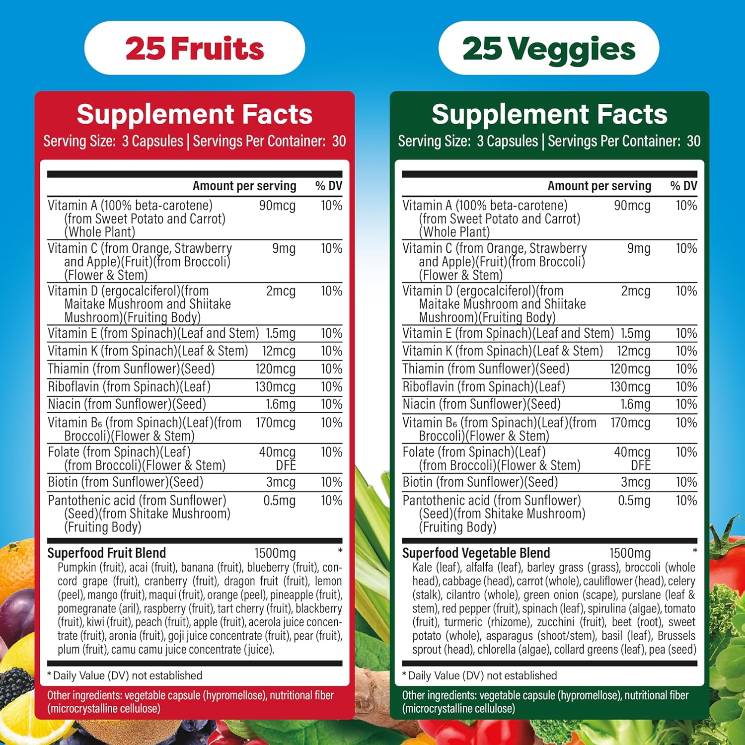 Dole Daily Fruits and Veggies Supplement - Whole Food Plant-Based Nutrition with 25 Fruits + 25 Vegetables, 12 Essential Vitamins & Minerals, Antioxidant Superfoods, 180 Capsules (2 Pack)