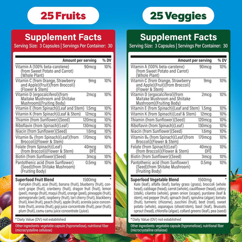 Dole Daily Fruits and Veggies Supplement - Whole Food Plant-Based Nutrition with 25 Fruits + 25 Vegetables, 12 Essential Vitamins & Minerals, Antioxidant Superfoods, 180 Capsules (2 Pack)